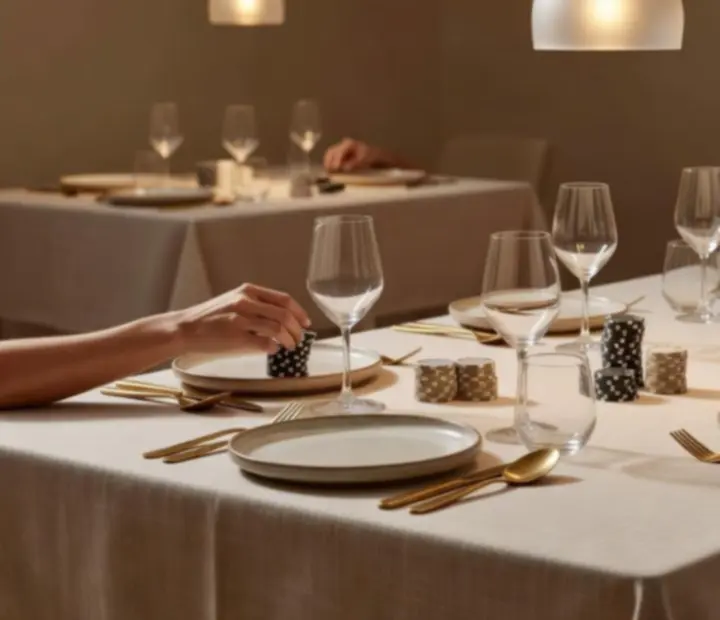 Hosszú, elegánsan megterített asztalok világos éttermi térben