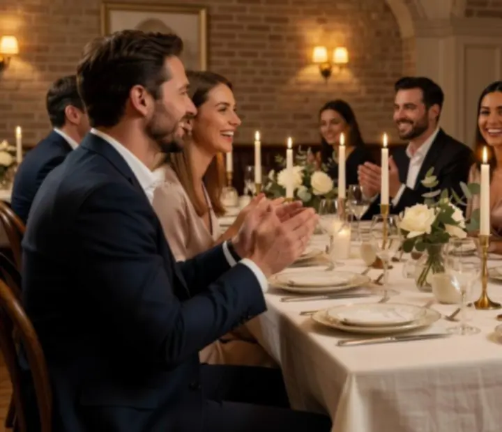 Mosolygó vendégek privát eseményen egy elegánsan megterített asztalnál
