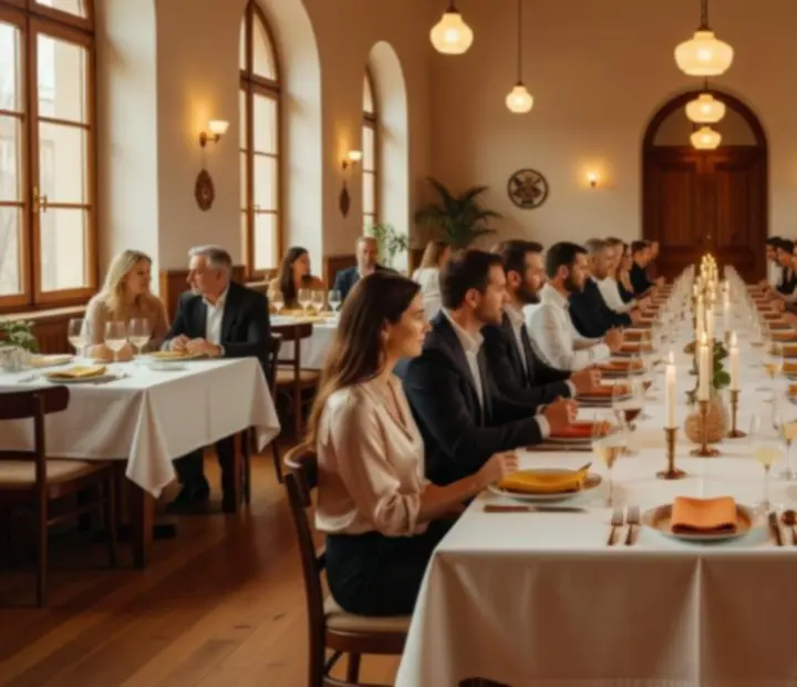 Világos éttermi terem hosszú, elegánsan terített asztallal privát vacsoraesthez